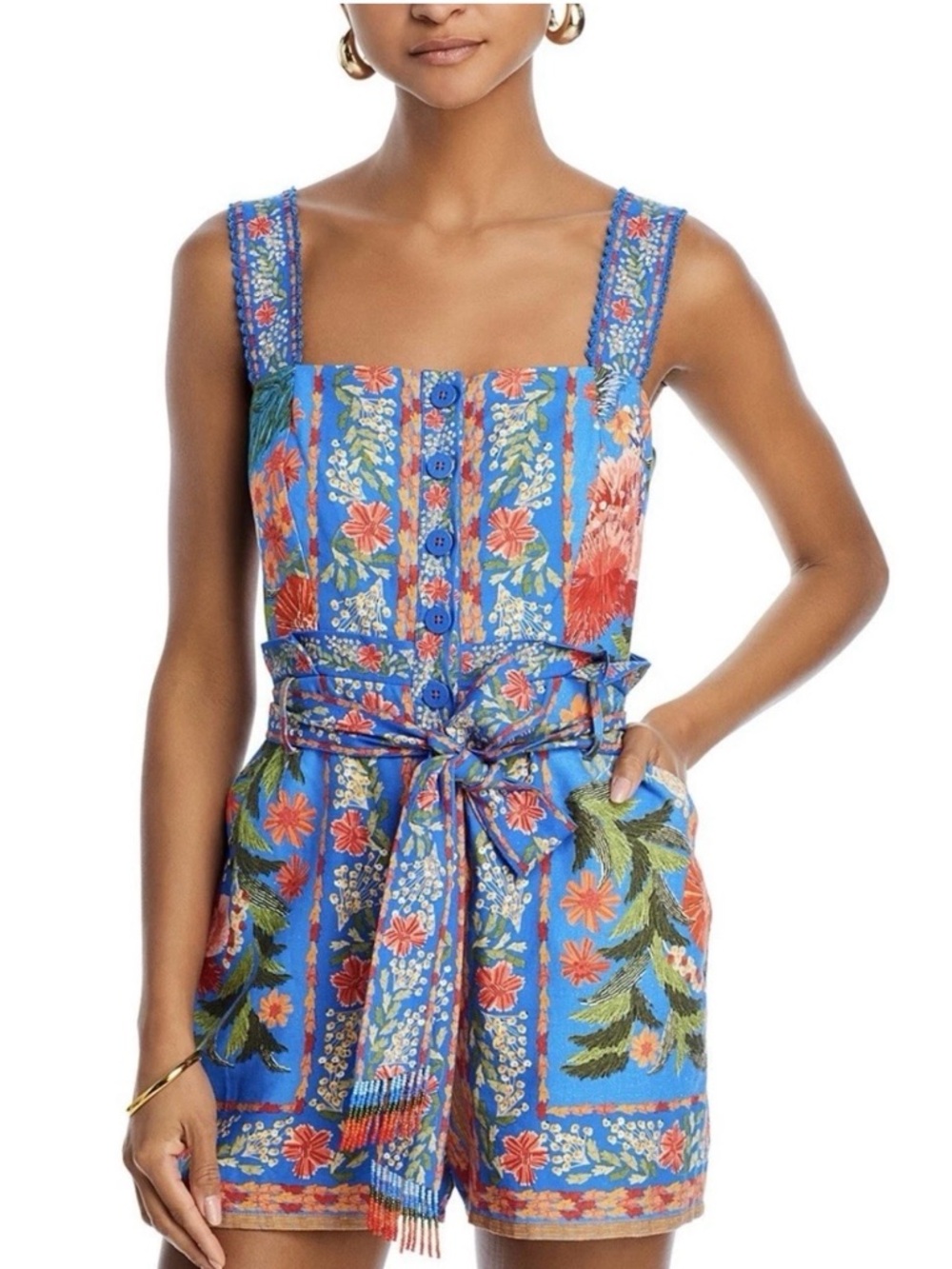 FARM RIO SUMMER FRUIT SCARF BLUE ROMPER $190 new with tag